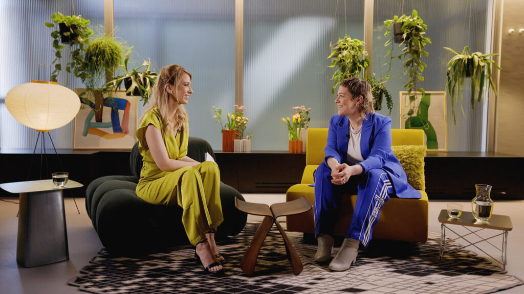 modern studio setting tv talkshow with juliane ahrer and katharina mueckstein